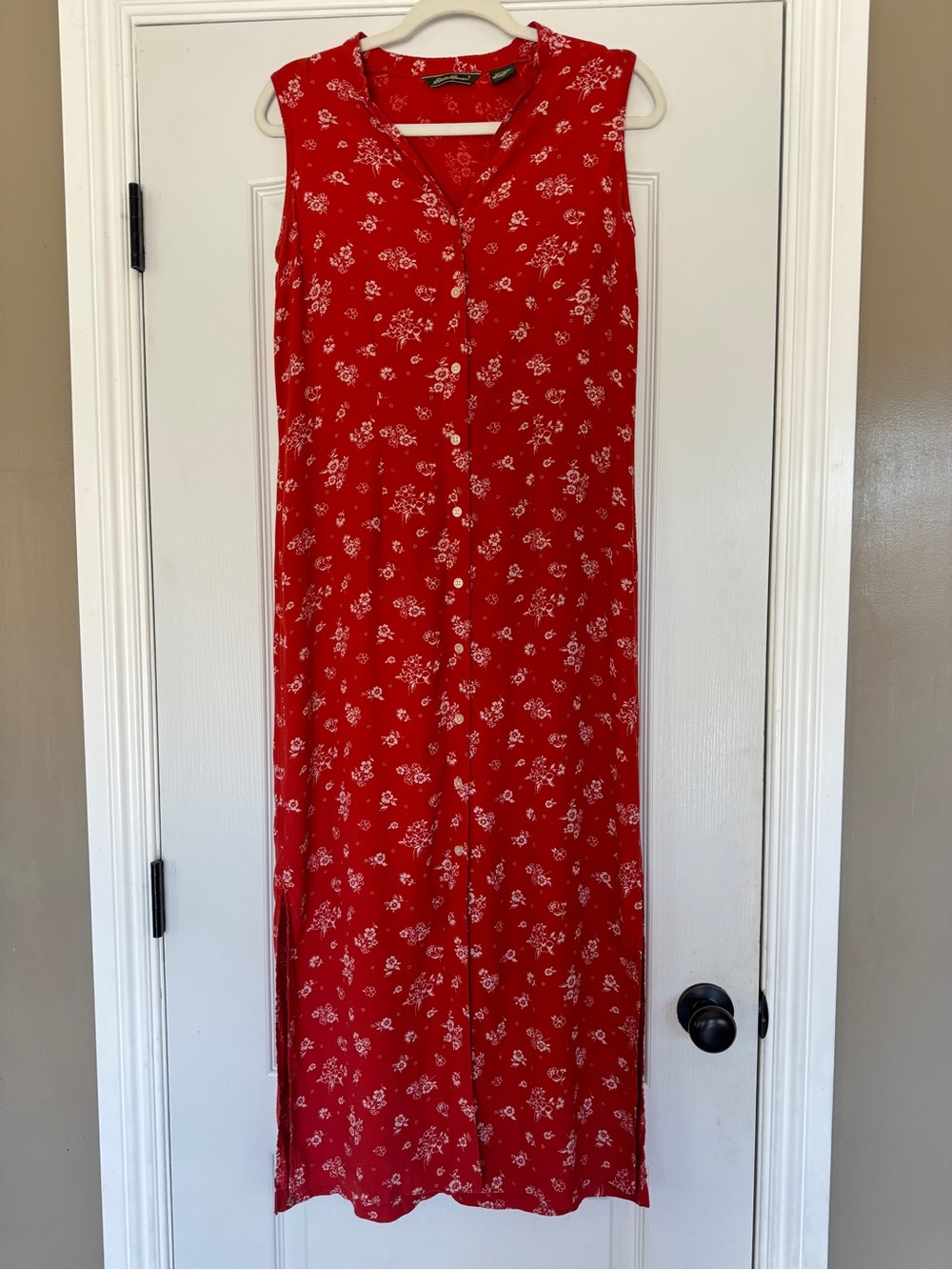 Vintage 90s Eddie Bauer Red Floral Rayon Button Front Maxi Dress M - Picture 2 of 10